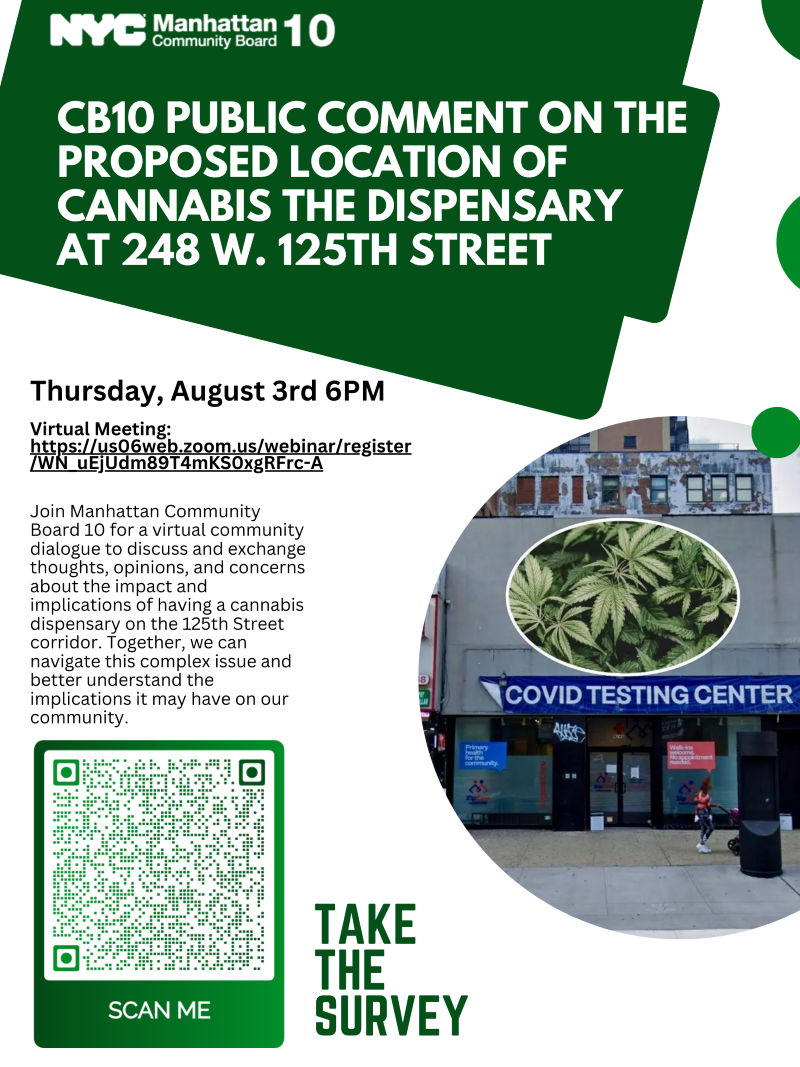 graphic for CB10's invitation to the public comment on the proposed location of Cannabis the Dispensary at 248 W. 125th Street