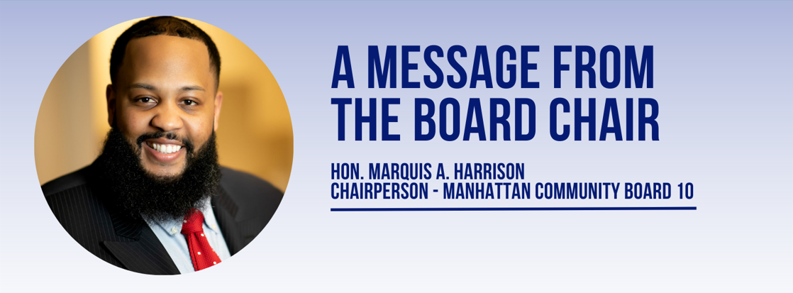 A Message from the Chair header graphic with photo of Hon. Marquis A. Harrison